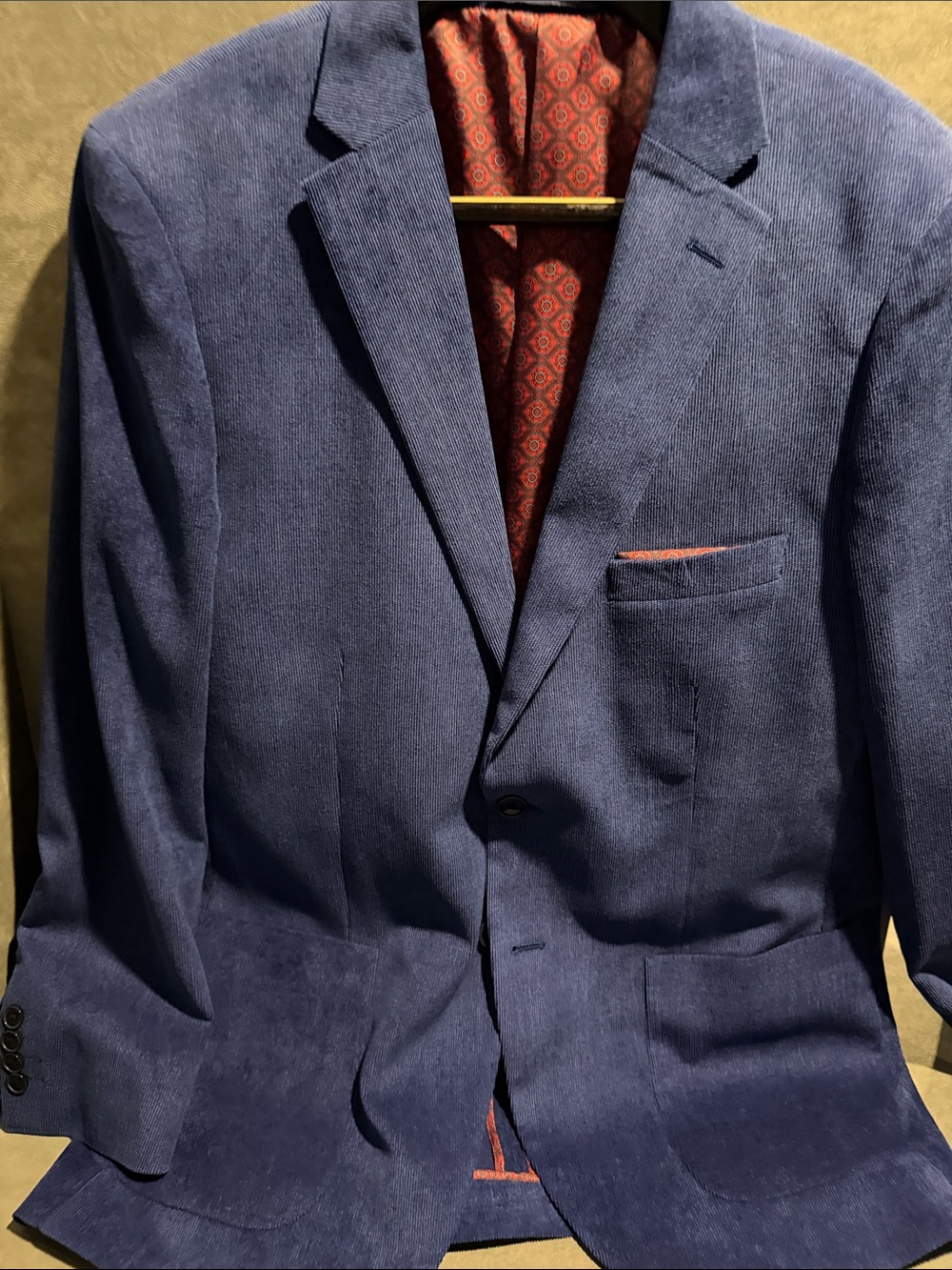 Alan Flusser Blue Corduroy Sport Coat with Red Lined Interior